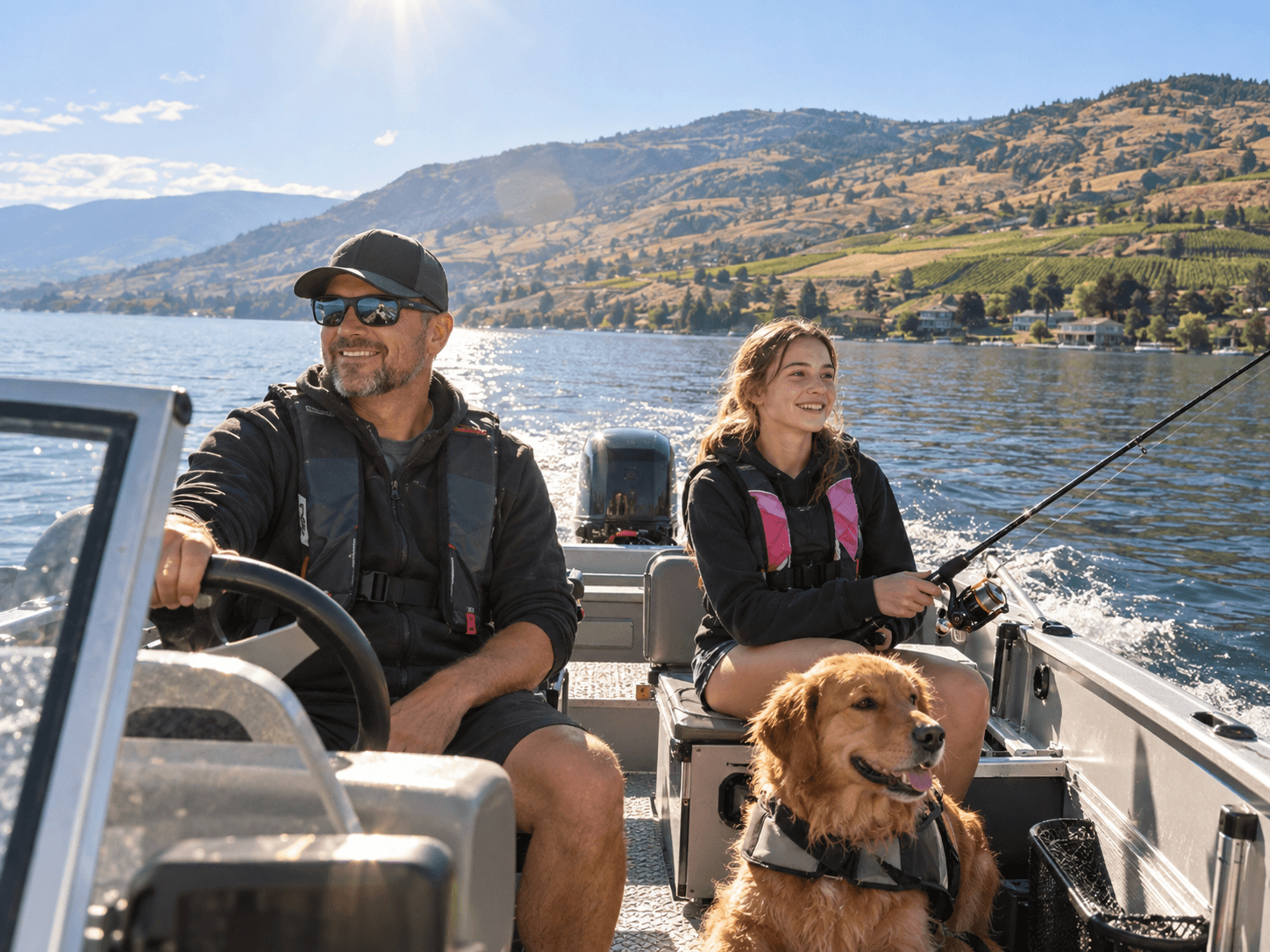A man steering a boat while a teenager fishes beside him, their dog riding along, on an Okanagan-style lake