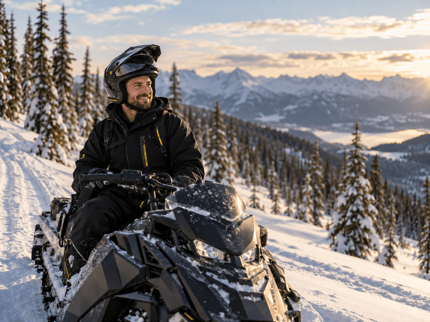 A snowmobiler pausing on a mountain trail at sunset, mountains and forest behind him