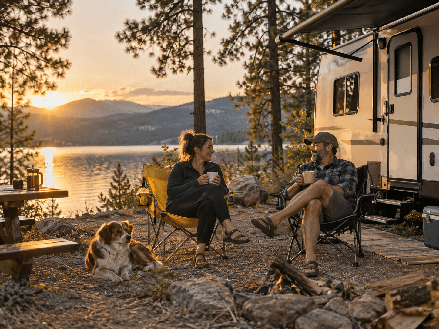 A man and a woman drinking coffee by a campfire beside a travel trailer at a lakeside campsite, with their dog nearby